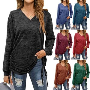 Women's T-Shirt Sexy Fashion T-shirt Women's Autumn Winter V Neck Sold Color Lace Up Blouse Casual Pullover Vintage Long Sleeve New Design Shirt T230104
