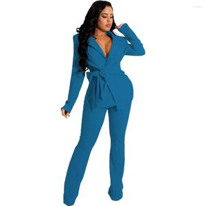 Women's Two Piece Pants Casual Women Tracksuit Suit Bandage Jacket Coat Long Matching Set Streetwear Solid Color Clothes For