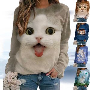 Frauen T-Shirt 2022 New Y2K Cat 3D Print T-Shirt Women Fashion Casual O-Neck Tops Langarm Frühling Frühling Sommer Vintage Oversize Pullover T-Shirts T230104