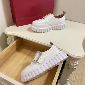 Spring and summer new Rhinestone square buckle leffer shoes women's cow lacquer leather thick sole single shoes one foot on British