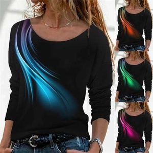 Women's T-Shirt Autumn and Winter New Women's Fashion Loose Geometric Digital Printing Tee Shirt Long-sleeved Casual O-Neck Elegant T-shirt 2022 T230104