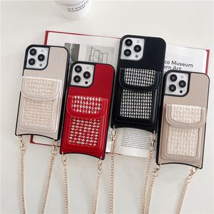 Necklace Houndstooth Grain Leather Phone Cases for iPhone 14 13 12 11 Pro Max 7 8 SE2 SE3 Lanyard Card Slot Wallet Clutch Bracket Back Cover Shockproof