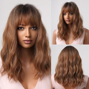 Medium Brown Wavy Synthetic Natural Hair Wigs for Women Afro Wigs with Bangs Cute Bob Wigs Heat Resistant Daily Partyfactory direct