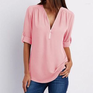 Kvinnors blusar kvinnor skjortor sommar höst casual v-ringen chiffon blus kvinna topp långärmad kvinnlig skjorta svart vit damer skjorta-ch21