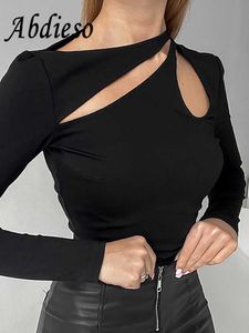 Kadın T-Shirt Abdieso Y2K Seksi kesim Uzun Kollu Tişört Kadın Moda Üst 2022 Beyaz Sonbahar Kış Sıska Sıska Temel Tees Casual Tops T230104