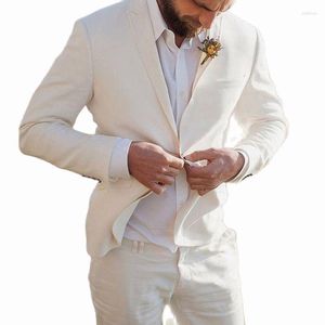 Herrdräkter beige linne brudgummen tuxedo för bröllop strandfest sommar män casual toppade lapel anpassad 2 bit manlig kappa med byxor 2023