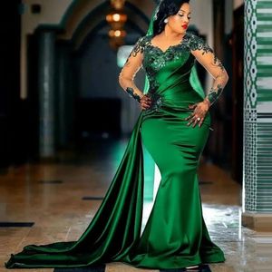Green Womens Evening Dresses Mermaid Long Sleeve Satin Prom Dress Sequin Appliques Side Train Aso Ebi Celebrity Gown