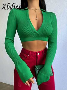 T-shirt feminina Abdieso 2022 V Decote de manga longa Mulheres de malha de malha Tops Casual Outono Winter Green Skinny Cropped Moda