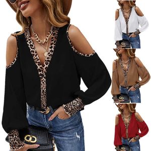 Women's T-Shirt 2022 Summer Autumn Women Leopard Patchwork V-Neck Button Off-Shoulder Sleeve Long Sleeve Top Tshirt Print Casual Loose New Shirt T230104