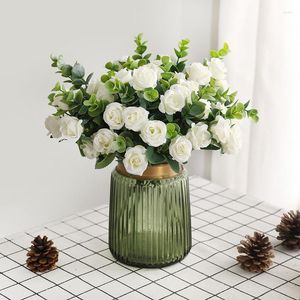 Decorative Flowers 5 Prongs Of 11 Roses Simulation Bunch Fake Flower Living Room Table Home Decoration Vases Modern Wed Party Decor Wedding