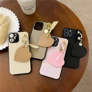 Love Heart Pendant Phone Cases for iPhone 14 13 12 11 Pro Max Slim Vintage Lychee Pattern Leather Vogue Protective Shell Shockproof