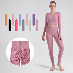 Set attivi Tuta da yoga senza cuciture da donna a vita alta Reggiseno sexy Pantaloncini da salotto Top a maniche lunghe Crop Top Leggings per l'anca Set da allenamento per palestra