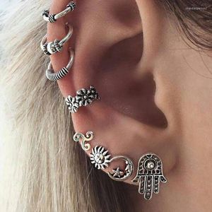 Stud Earrings 8pcs/set Ethnic Set Boho Antique Silver Color Circle Vintage Leaf Sun Moon Star Finger For Women