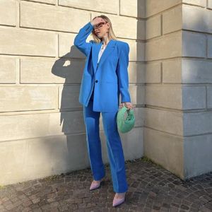 Kvinnors tvåbitar byxor Blue Women Suits 2 Fashion Outfit med Blazer Pants/Female For Work Professional/Casual Ladies Office Clothes Set