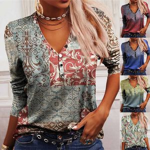 Women's T-Shirt Y2K Abstract Blouse New Women's Autumn Winter Casual V Neck Retro Floral Print Long-sleeved Pullover Shirt Loose Fashion T-shirt T230104