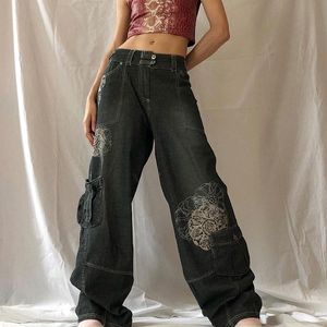 Kvinnors jeans street mode retro tryckt lösa kvinnor höstficka bred ben last denim byxor kvinnliga avslappnade swaetpants 2023