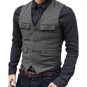 Chalecos para hombre, chaleco de traje para hombre, chaleco de Tweed de lana de espiga gris, chaleco Vintage Steampunk con cuello en V, ajustado, de negocios Formal para boda de hombre