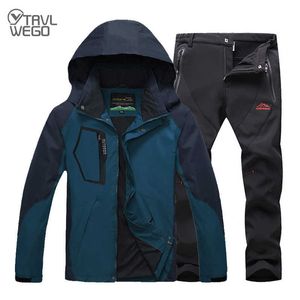 Outdoor Jackets Hoodies TRVLWEGO Outdoor Hiking Camping Suit Men Windproof Waterproof Jacket Fleece Pants Thermal Autumn Sports Trekking Travel Clothes 0104