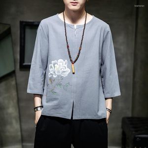 Ethnic Clothing Summer Chinese Style Linen Shirts Hanfu Oversized Print T-Shirt Men Hip Hop Fashions Tee Streetwear Harajuku T Shirt Male