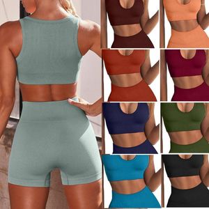 Active Set Women Ribbed Sporstwear Seamless Yoga Set Sexy Vest U-Bra Sport Tops Suits With Shorts Gym Fitness Clothing Sleeveless Tracksuit