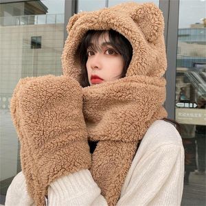 Berets Lovely Bear Ear Hat Scarf Gloves Set Plush Thickened Warm Winter Women Hats Solid Fleece One-piece Beanies