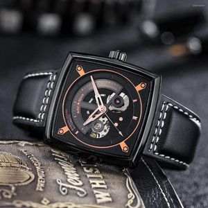 Zegarek Square Creative Automatyczne zegarek mechaniczny mężczyźni Unikalne zegarek męski zagłębiony skórzany pasek Luminous Clock Relogio