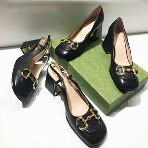 Women Dress Shoes spring autumn fashion Square toe Coarser heel high heels leather Metal buckle lady designer heeled boat shoe Large size 35-42 NO273