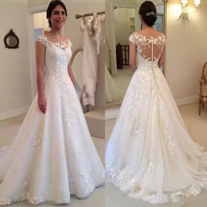 Brautkleid mit Illusionsrücken und Flügelärmeln, durchsichtiges Brautkleid mit Spitzenapplikationen, verdeckten Knöpfen, Vestido de Novias 2022