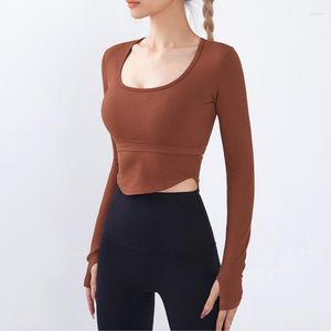 Active Shirts Women Sport Ribbed High Elastic Gym Yoga Crop Top inbyggd BH Långärmad t-shirts Sexig träning Athletic Shirt Winter