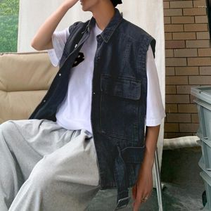 Men's Vests Trendy Men Vest Coat Buttons Hip Hop Denim Waistcoat Relaxed Fit Lapel