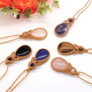 Pendant Necklaces Tear Water Drop Thread Rope Wrap Natural Healing Crystal Stones Rose Quartz Amethyst Hand Carved Necklace Jewelry Gift