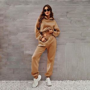 Women's Two Piece Pants Fall Outfits Women Tracksuit Solid Color Long Sleeve Hooded Cropped Sweatshirts High Waist Sets Ensemble Femme