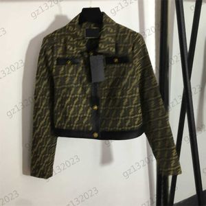 Designer jacka kvinnor dubbel f ​​jacquard lapel korta jackor anpassade metallknappar läder kant långärmad ytterkläder lyx varumärke för flickor