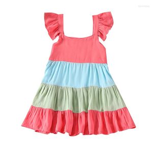 Flickaklänningar Little Girls Princess Dress Summer Autumn Toddlers Sweet Style Contrast Color Square Collar Wide Hemline Hylsa kjol