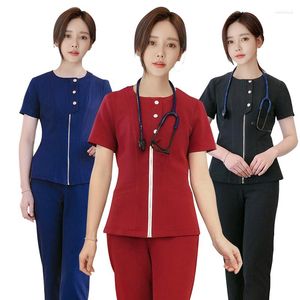 Women's Two Piece Pants Women Scrubs Suits Short Sleeve Tops And Sets Spa Work Uniforms Female Beauty Working Ladies Salon Zipper Clothes