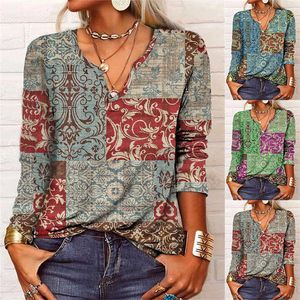 Women's T-Shirt 2022 Autumn Winter Elegant Women's Casual Loose Size Long Sleeve Flower Print Y2K T-shirt Female V Neck Oversize Bottoming Shirt T230104