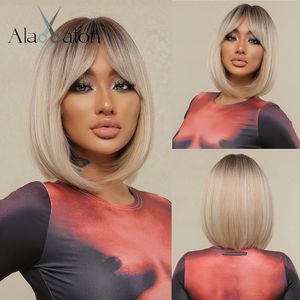 Platinum Blonde Synthetic Wigs for Women Hihlight Short Straight Bob Wig with Bangs Daily/Party Hair Heat Resisitantfactory direct