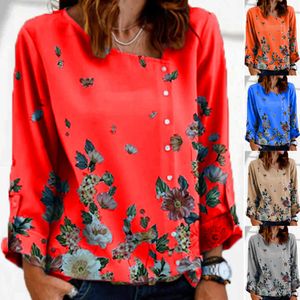여자 티셔츠 새로운 가을과 겨울 꽃 인쇄 긴 소매 티셔츠 여성 캐주얼 탑 대형 Vinatge Skew Neck 대형 티셔츠 옷 t230104