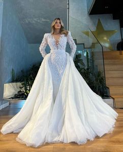 Princess Ball Gown Wedding Dresses Appliques V Neck Long Sleeves Sequins Beads Ruffles Pearls 3D Lace Floor Length Detachable Train Formal Dresses Bridal Gowns