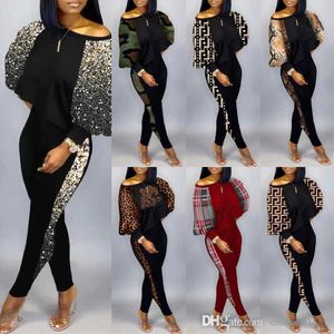 2023 Spring Women Printed Pants Outfits Sexig Stitching Contrast Crop Top Leggings Suit 2 Piece Matching Set S-3XL Plus Size Clothes