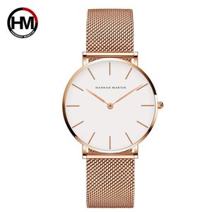 Relogio Feminino Hannah Martin Luxury Brand Kvinnor tittar p￥ rostfritt st￥l Mesh Rose Gold Waterproof Clock Fit DW Style Ladies Quar326o