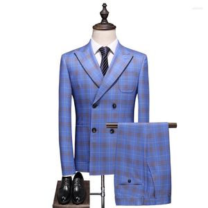 Men's Suits 3 Pieces Set Light Blue Plaid Double Breasted Men Jacket Trousers Waistcoat Male Business Casual Wedding Blazers Coat Vest Pants