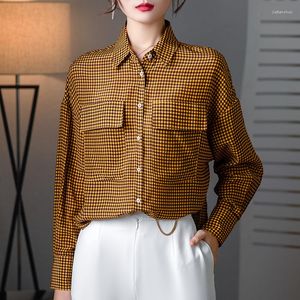 Camicette da donna Camicia casual da donna in pura seta reale Colletto rovesciato Manica lunga Magliette larghe Camicie da donna Camicetta con stampa scozzese femminile