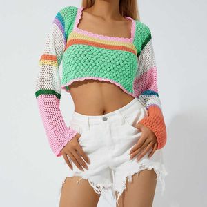 Women's T-Shirt Women Summer Crop Tops Sweater Sexy Hollow Out Splicing Crochet Square Neck Long Sleeves Knitted Camisole Streetwear for Girls T230104