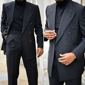 Two Pieces Wedding Tuxedos Men Suits Double Breasted Peaked Lapel Modern Formal Customized Pockets Bridegroom Long Coat and Pants