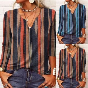 Kvinnors t-shirt 2022 Autumn and Winter Loose Casual Women's V Neck Long Sleeve Bottoming Shirt Stripe Print Elegant Vintage Pullover Tee T-shirt T230104