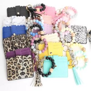 PU Leather Bracelet Wallet Keychain Party Favor Tassels Bangle Key Ring Holder Card Bag Silicone Beaded Wristlet Keychains Handbag Wholesale