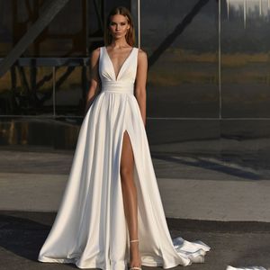Elegant vit en linje bröllopsklänning satin sida slits golv längd anpassad för att mäta för kvinnor mantel de mariee med fickan 2023