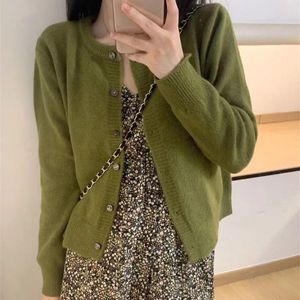 Women's Knits Raccoon Velvet Knitted Sweater Women Soft O-neck Japanese Vintage Loose Cardigans Green Yellow Jacket Elegant Autumn Winter