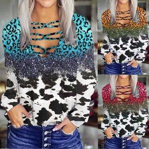 Women's T-Shirt New Spring 2023 Women's Casual V-neck T-shirt Female Fashion Leopard Print Long Sleeved Shirt Sexy Tps Loose Basic Tee T230104